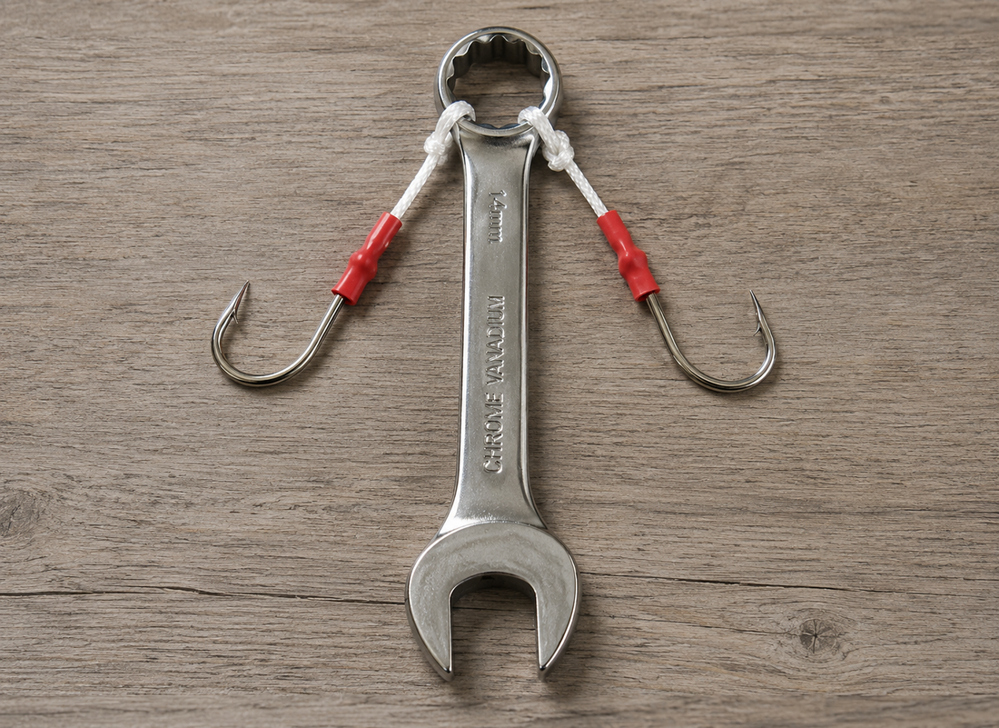 Metal wrench rigged with two fishing hooks as an experimental fishing lure