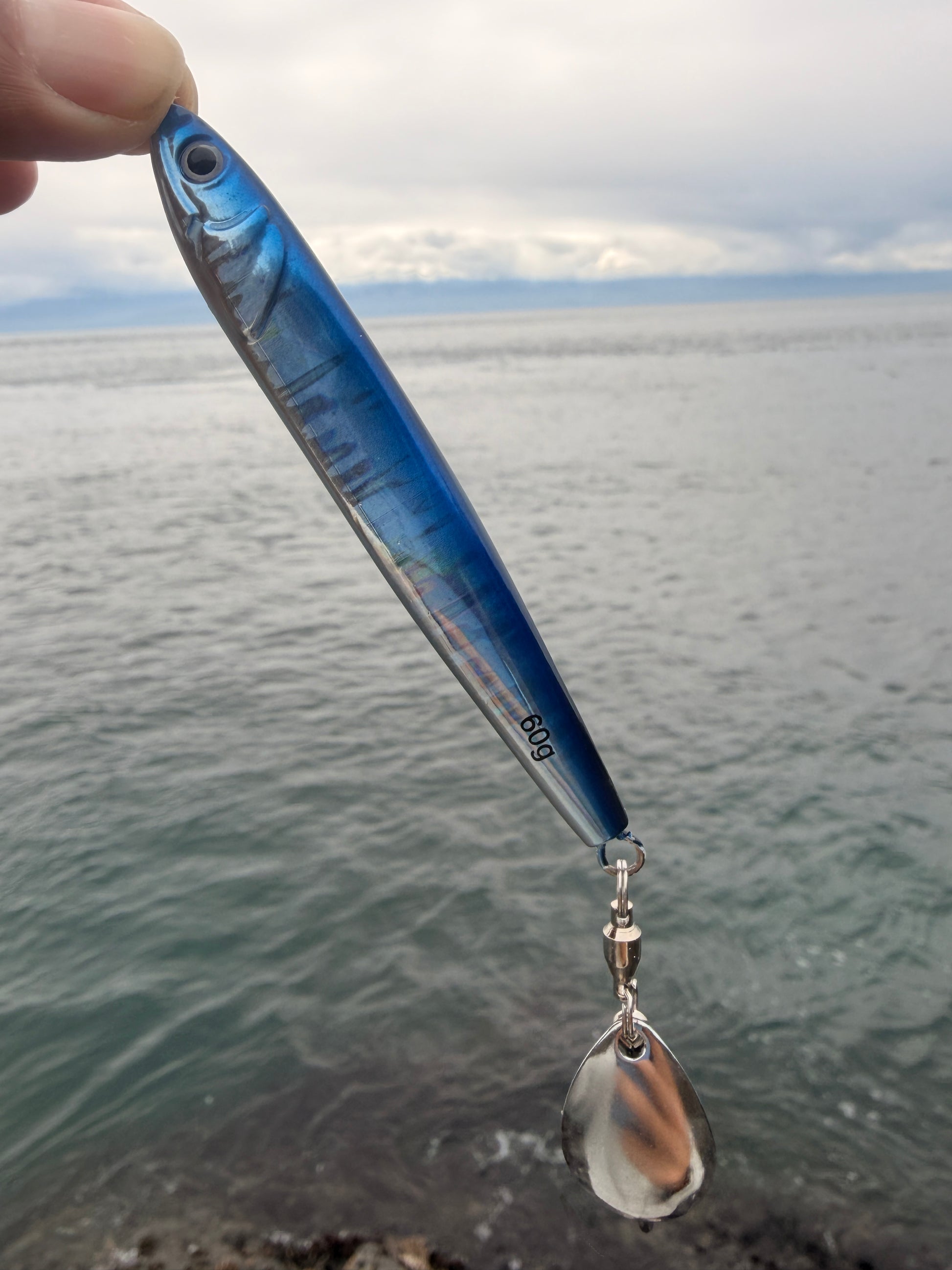 Finex Herring Needle 60g blue shore casting jig by the ocean