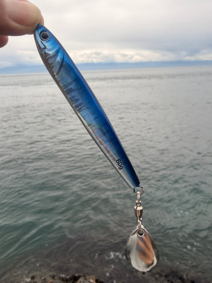 Finex Herring Needle 60g blue shore casting jig by the ocean