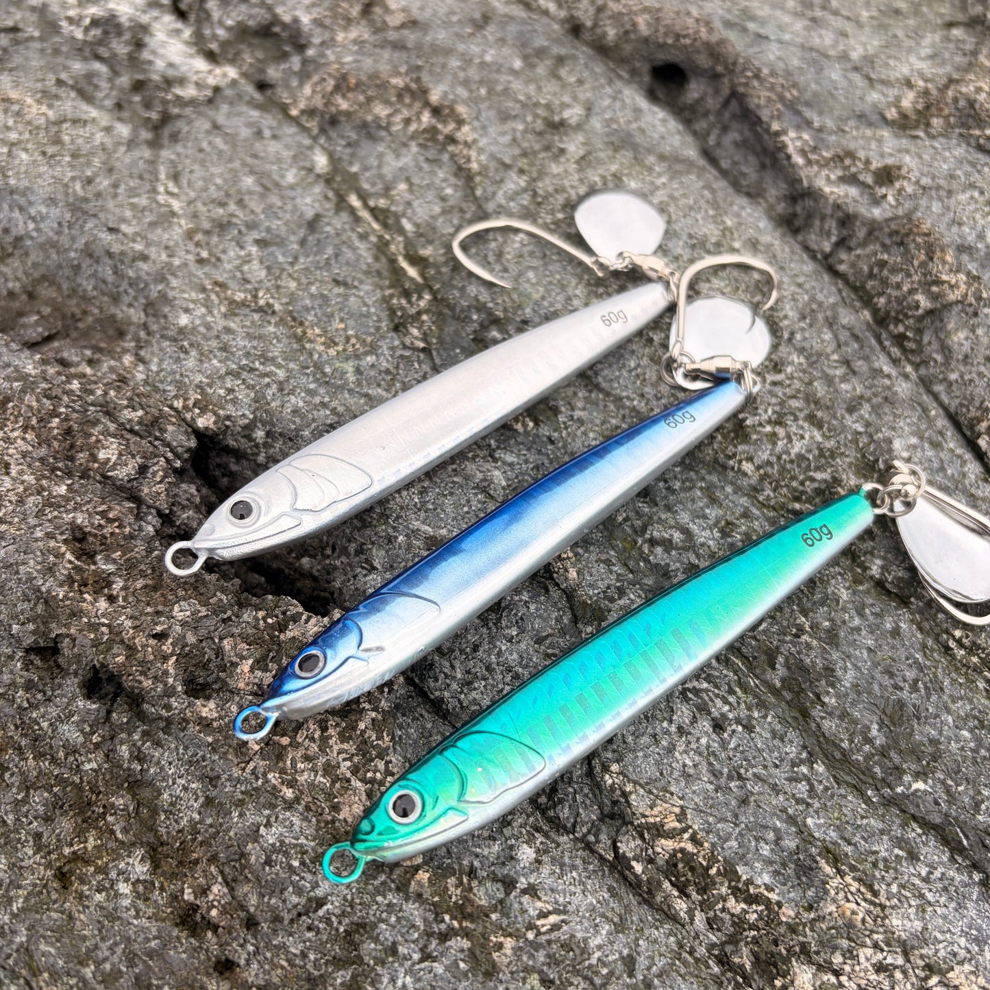 Finex Herring Needle 60g shore casting jigs in blue, green and silver